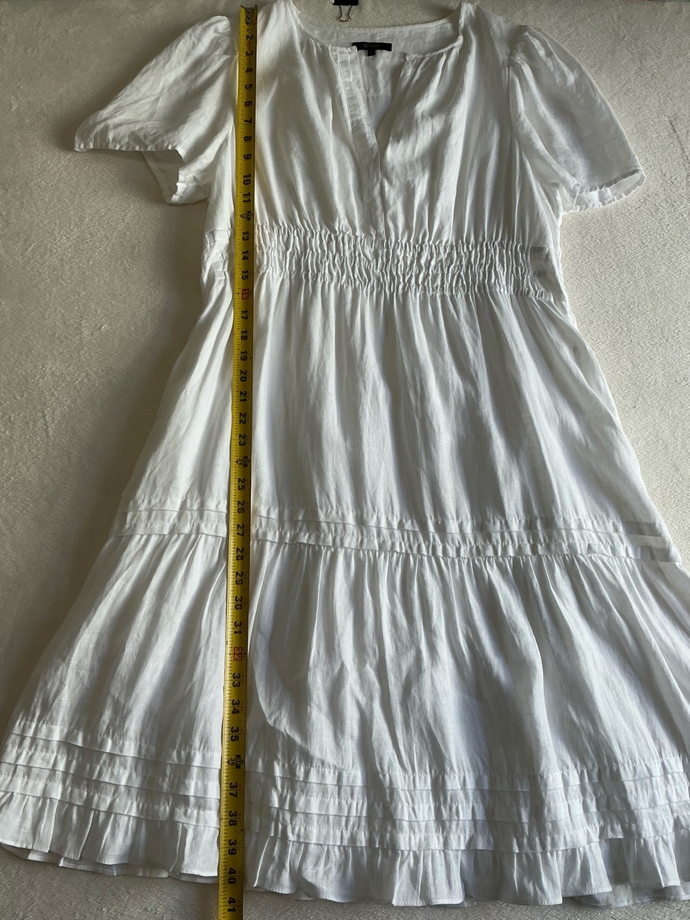 Quince White 100% Linen Smocked Tiered Midi Dress L Cottagecore Summer Boho - Picture 15 of 15